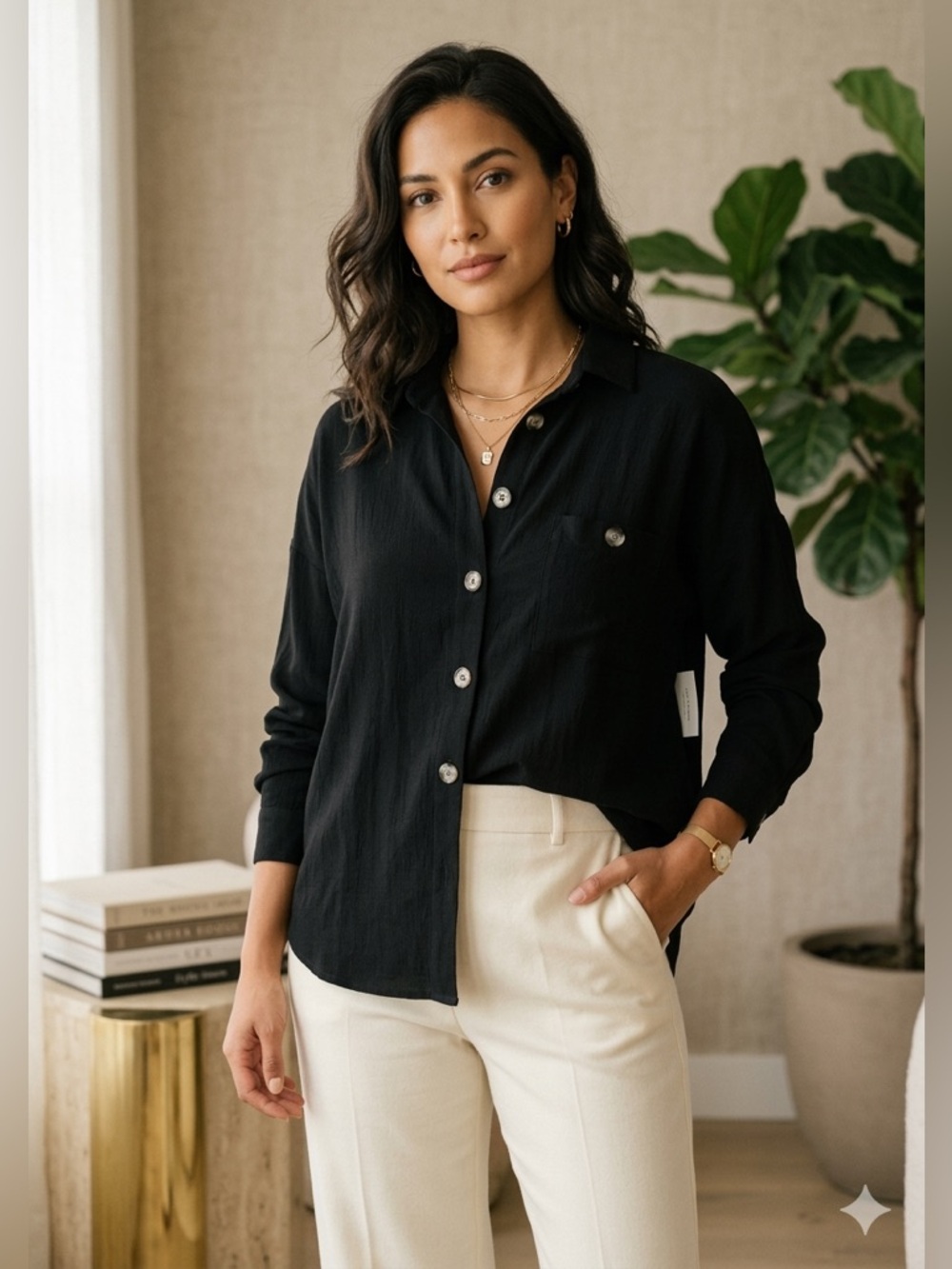 All In Favor Black Button Up Blouse Large NWT Nordstrom